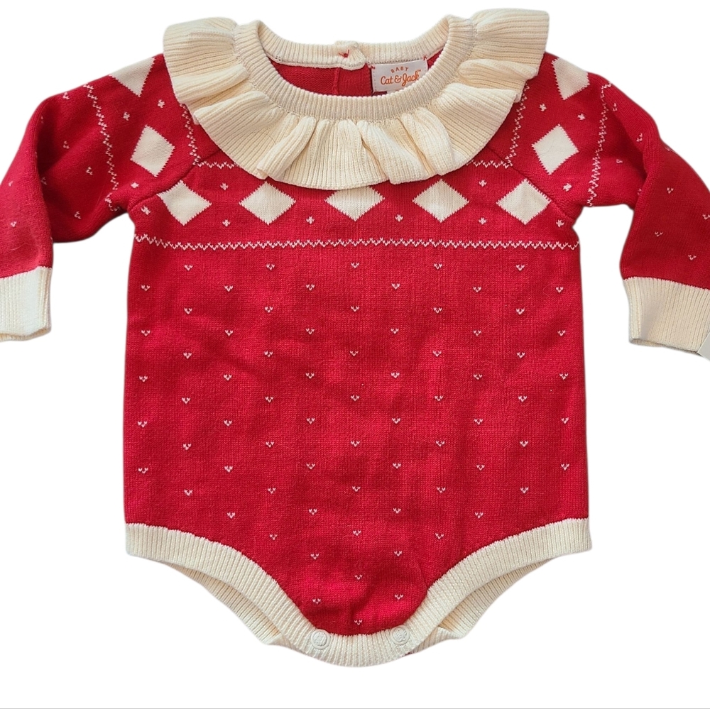Cat & Jack Bodysuit Knit Festive Holiday Red and Cream Infant Size 0-3 Months